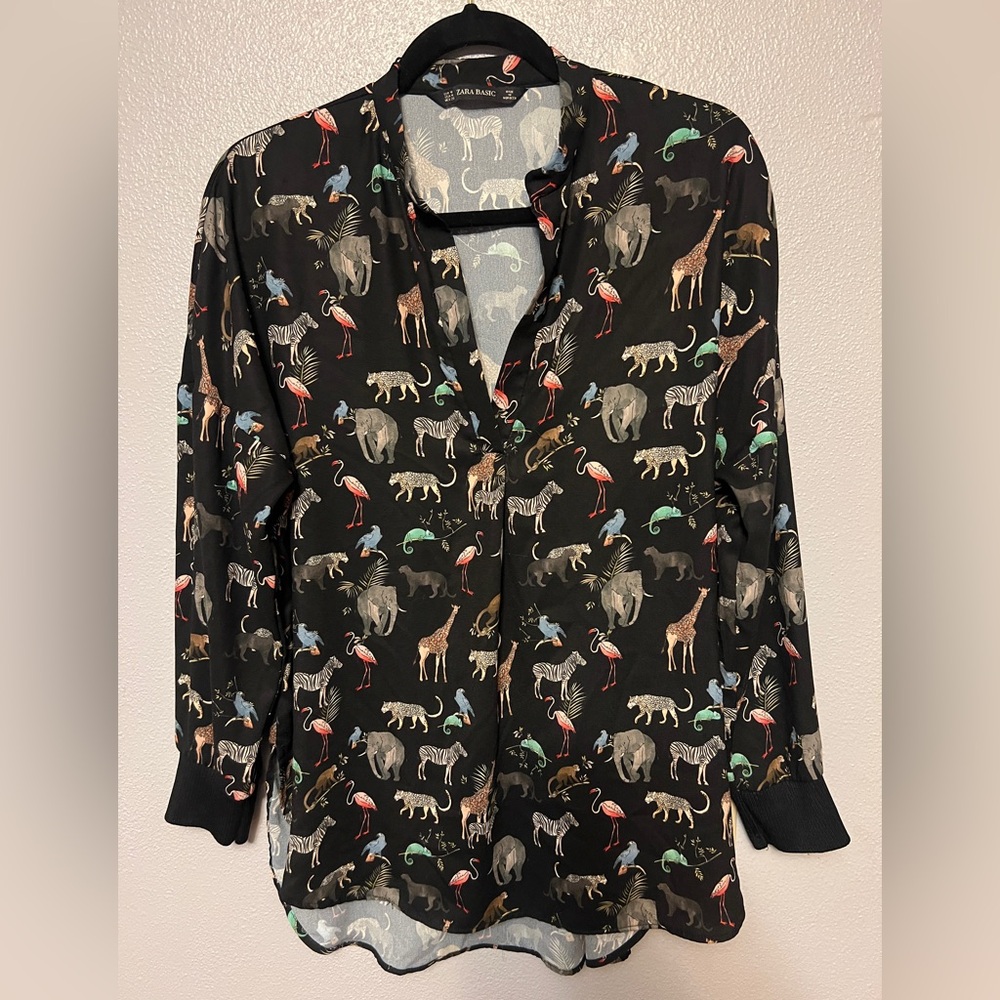 Zara Black Blouse with Multicolor Animal Print